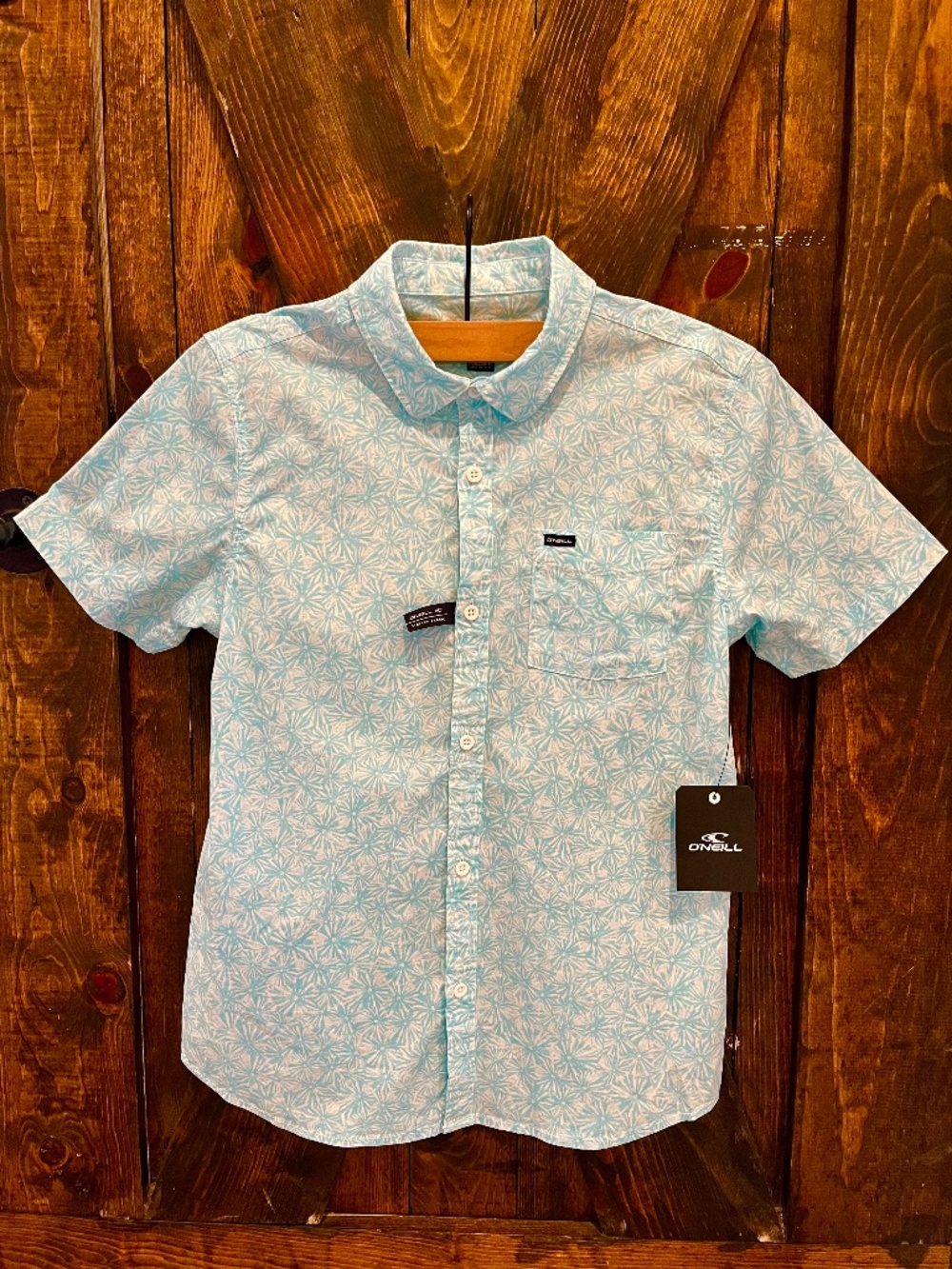 O'Neil-Boy's-Blue & White Patterned-Short Sleeve-Button Down Shirt-Size L-NWT